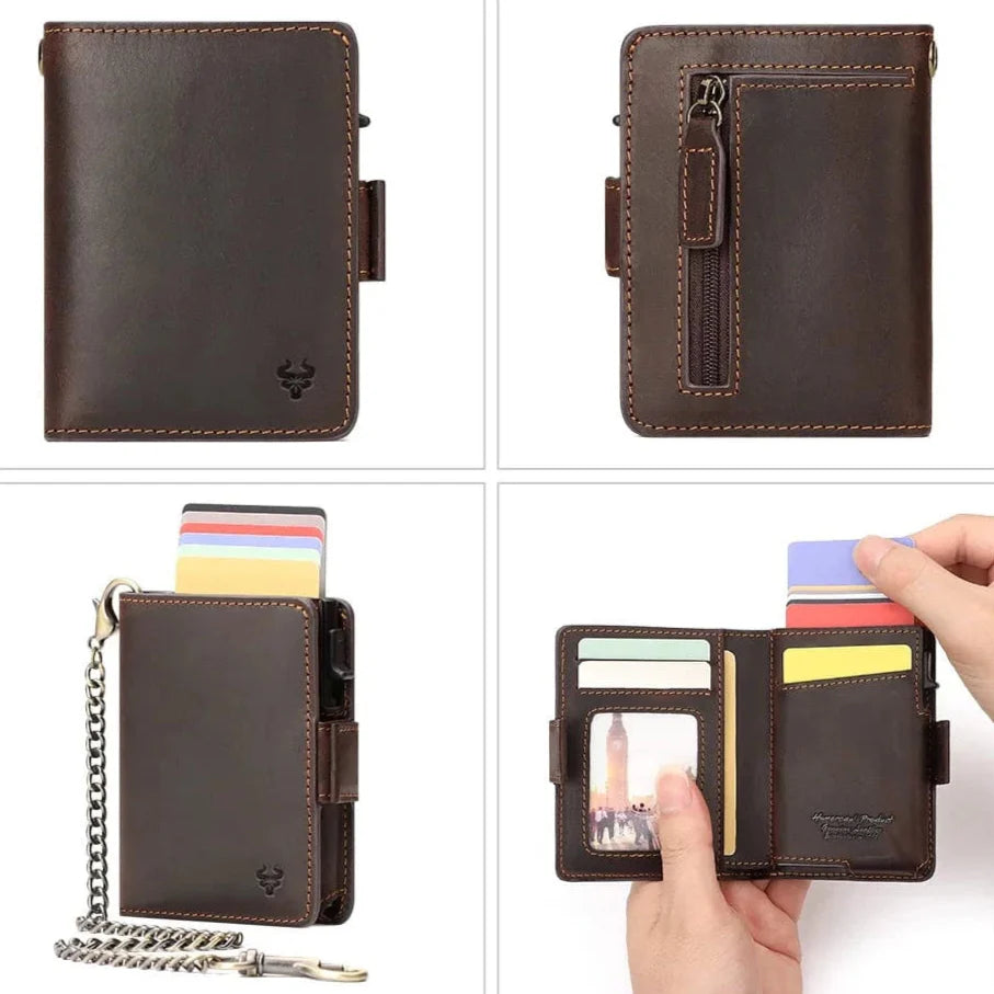 Portefeuille homme en cuir texturé noir, avec protection RFID, présentant des cartes insérées, un accessoire sécurisé et stylé.