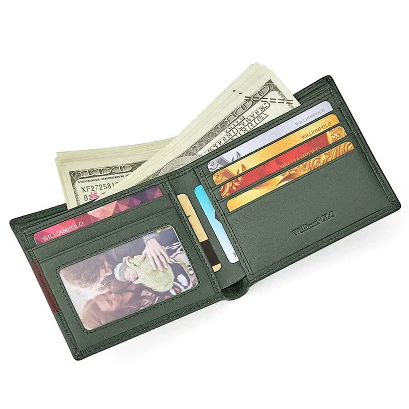 Portefeuille minimaliste homme vert en cuir PU, design compact avec porte-cartes intégré, accessoire chic.