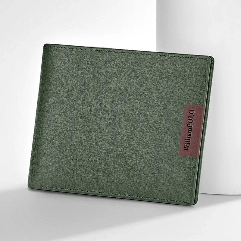 Gros plan sur un portefeuille homme compact en cuir PU noir, texture détaillée, rangements intérieurs visibles.