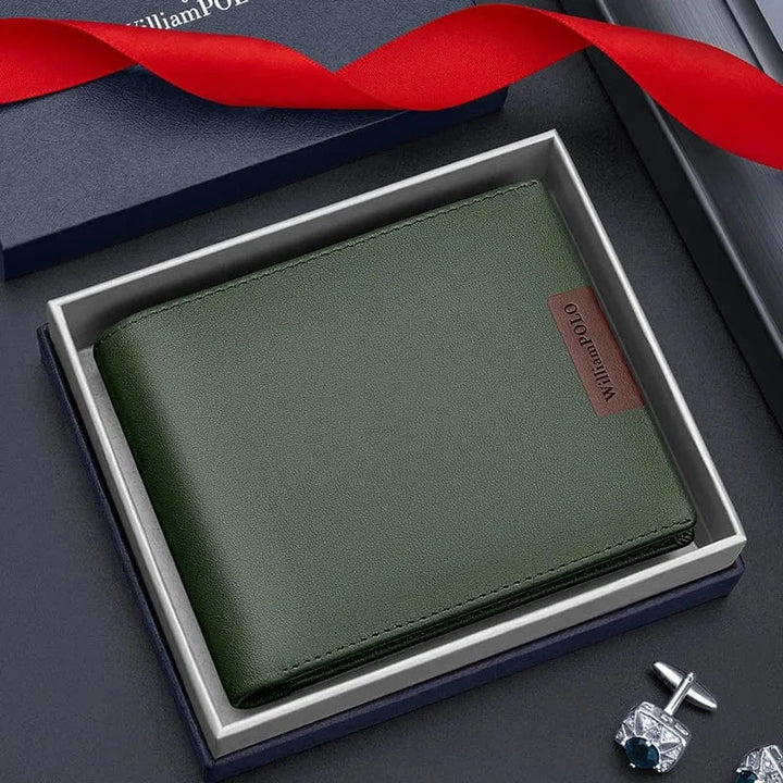 Vue de dos d'un portefeuille homme vert en cuir PU, montrant la couture soignée et le design élégant.