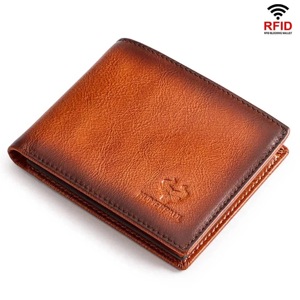 Portefeuille homme compact en cuir véritable marron avec protection RFID, vue frontale élégante.