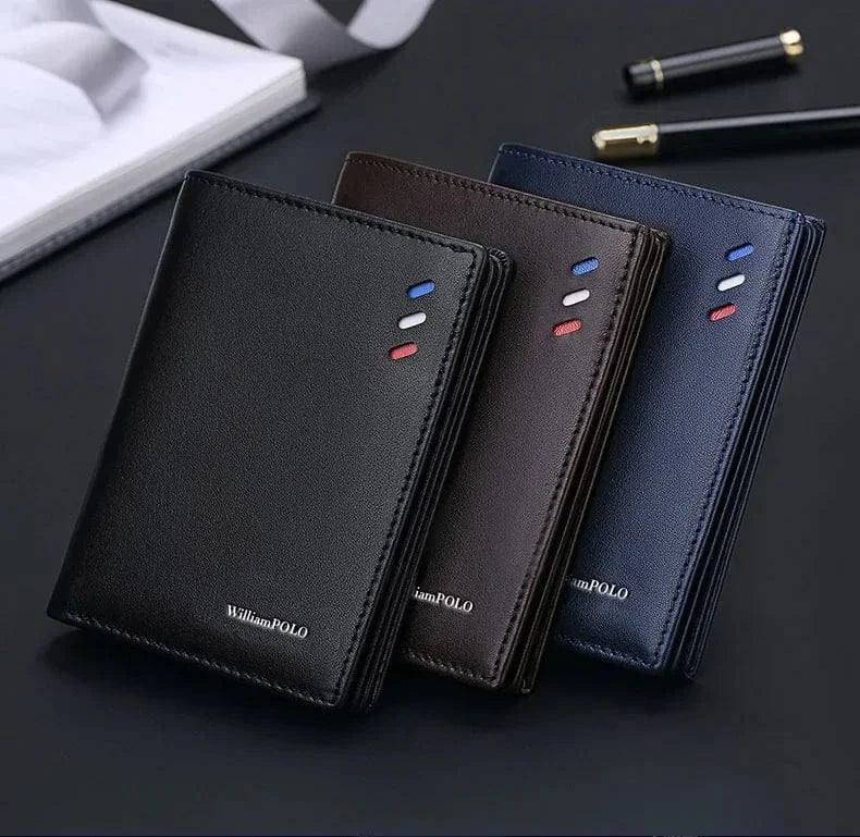 Portefeuille en cuir noir pour homme, design compact et porte-billets fin. Accessoire élégant.