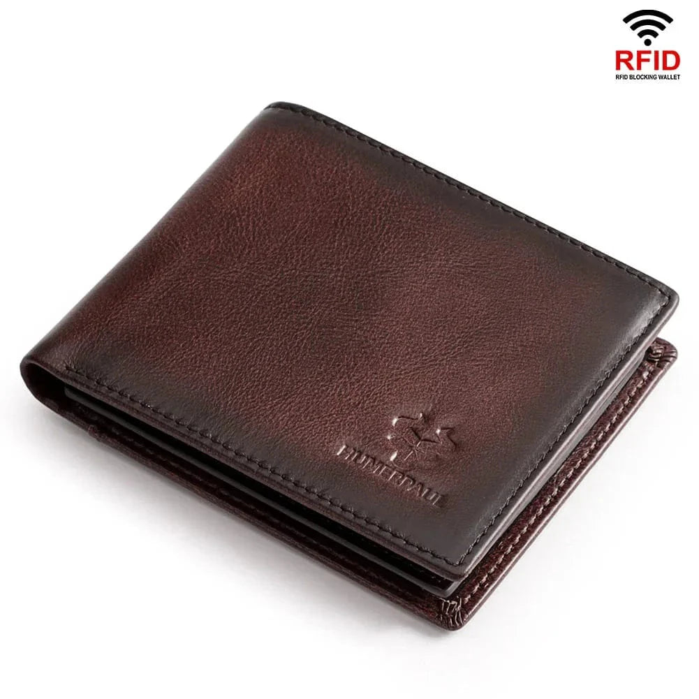 Portefeuille homme noir en cuir RFID, intérieur ouvert montrant compartiments cartes et billets.