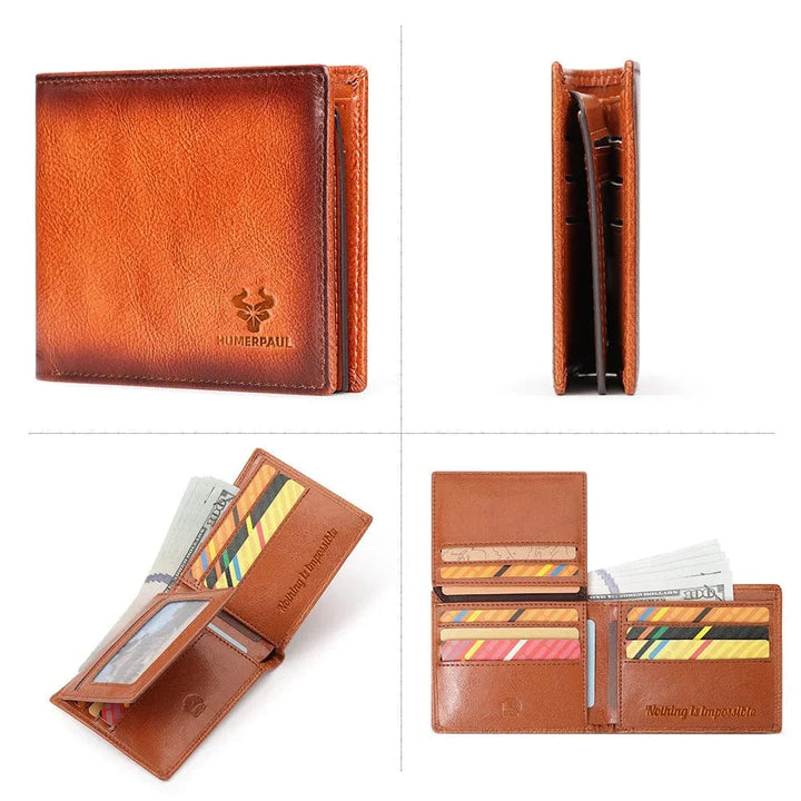 Gros plan d'un portefeuille homme en cuir marron, texture détaillée, technologie RFID intégrée.