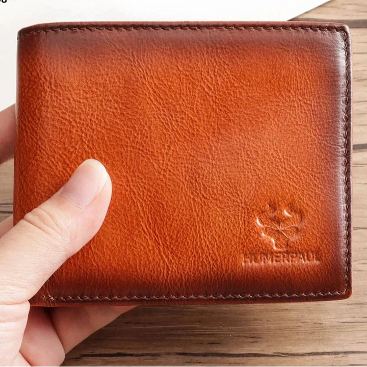 Portefeuille en cuir marron pour homme, élégant et pratique, avec compartiments et sécurité RFID.
