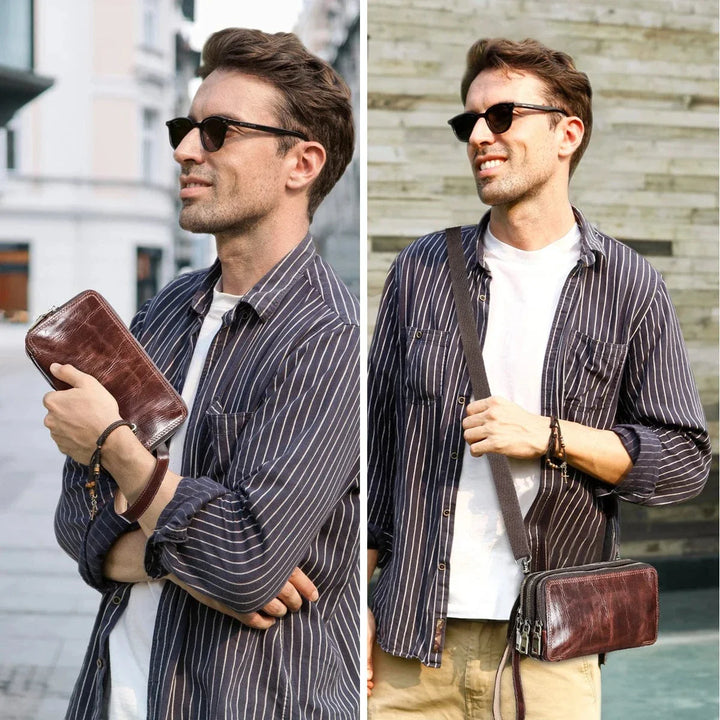 Gros plan texture du cuir sur portefeuille homme 3 volets camel, qualité et finition