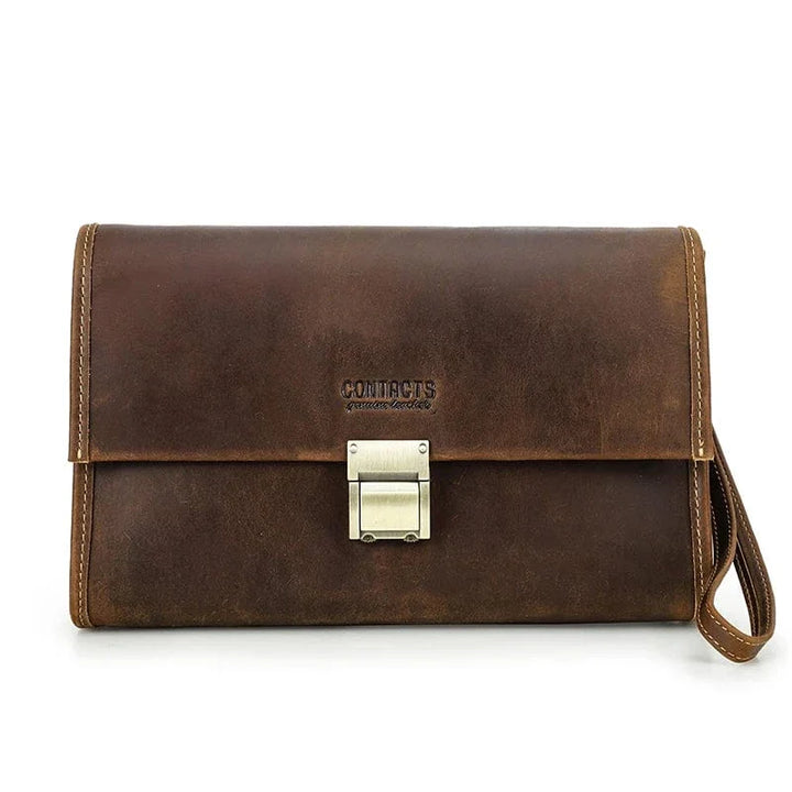 Portefeuille homme personnalisable en cuir café, sécurisé pour cartes, gravure laser d'un motif, style classique.