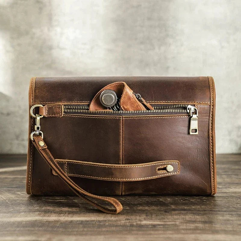 Portefeuille en cuir véritable pour homme, couleur café, personnalisé avec prénom, protection RFID intégrée.