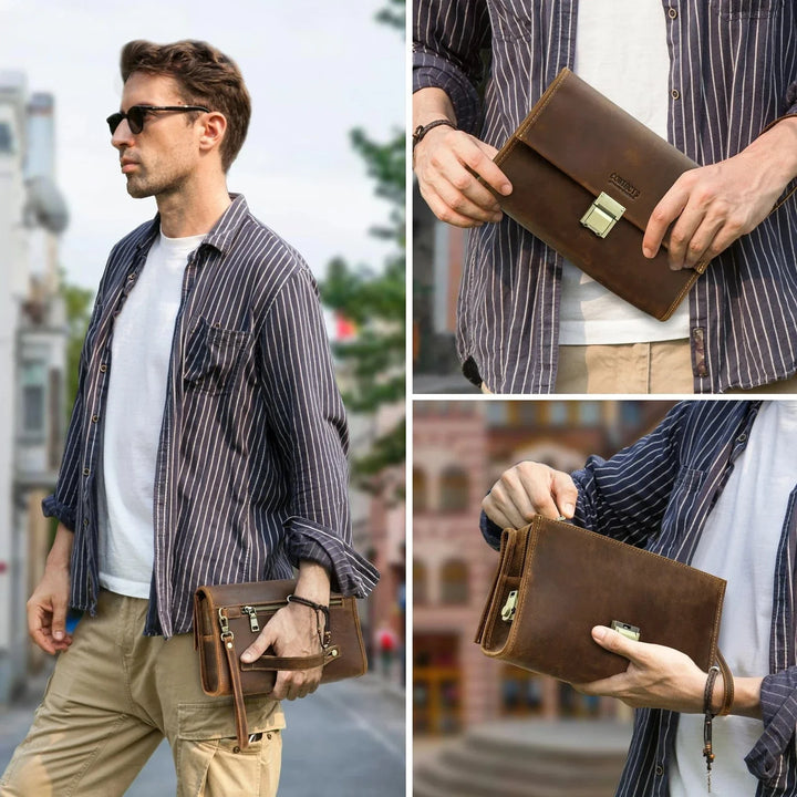 Accessoire homme: portefeuille sécurisé en cuir grainé, personnalisable, couleur café, design minimaliste.