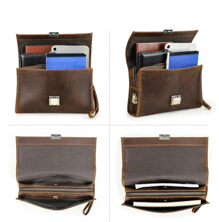 Portefeuille bi-fold pour homme, cuir café, sécurisé, aspect vieilli, personnalisable avec un message court.