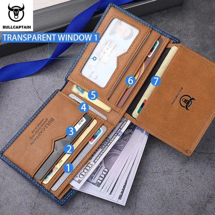 Portefeuille homme moderne en cuir grainé bleu marine, fin et pratique, pour cartes, billets, et monnaie
