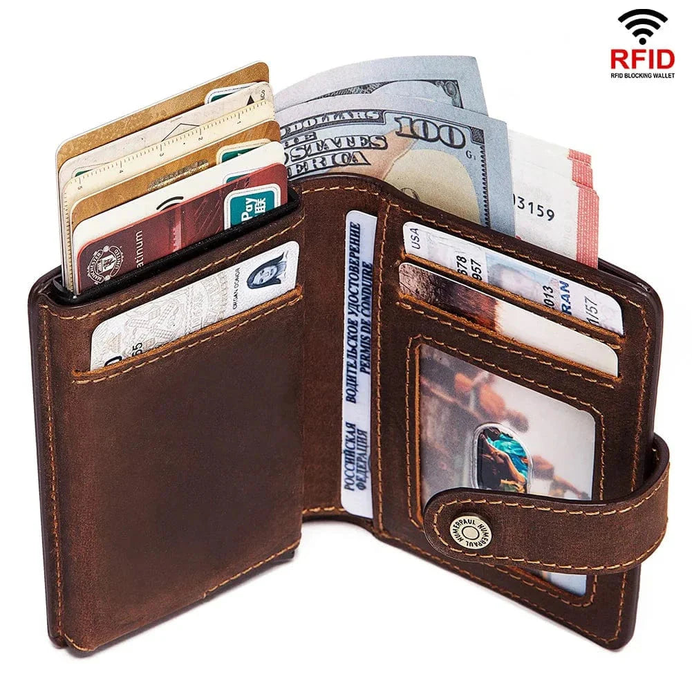 Portefeuille homme en cuir marron avec protection RFID, système pop-up pour cartes, style élégant