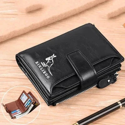 Accessoire homme: portefeuille compact en cuir kaki, sécurisé avec protection RFID.