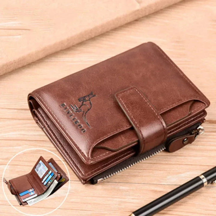 Protection RFID discrète dans ce portefeuille homme en cuir, disponible en noir, kaki, café.