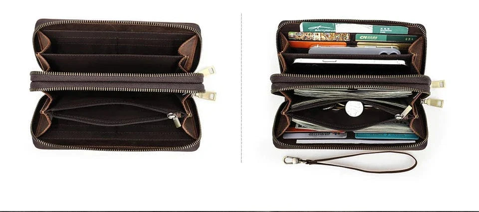 Image d'un portefeuille homme en cuir, vue de côté, montrant sa finesse même avec une grande capacité, accessoire chic.