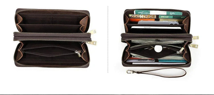 Image d'un portefeuille homme en cuir, vue de côté, montrant sa finesse même avec une grande capacité, accessoire chic.