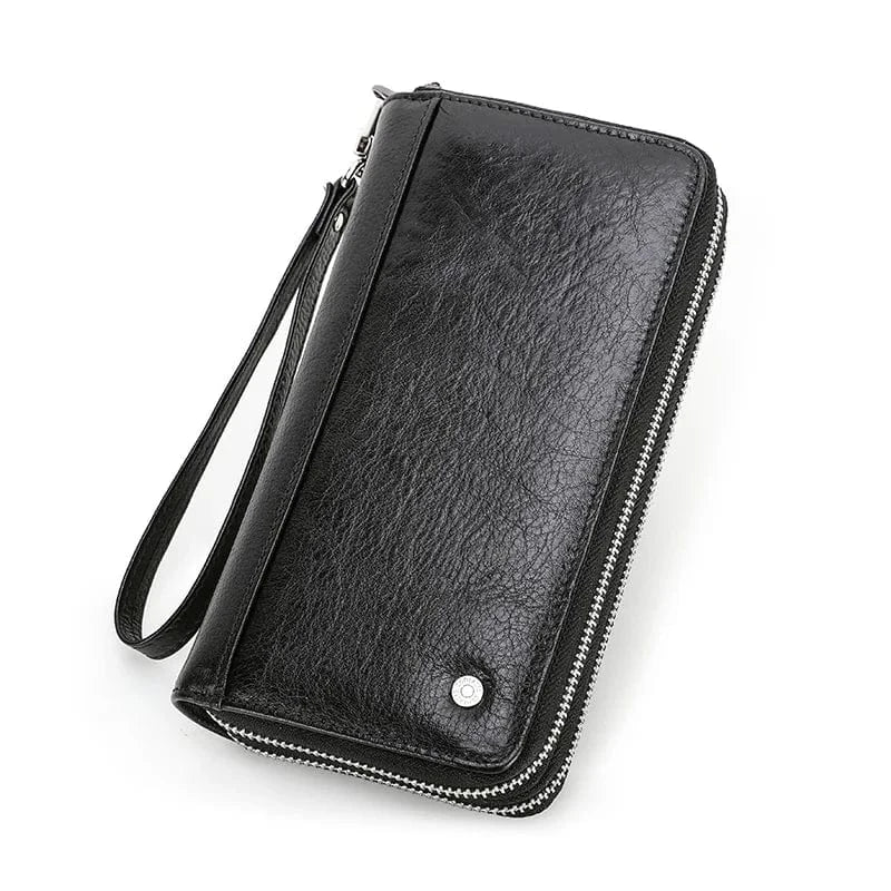 Portefeuille homme élégant en cuir véritable, avec un bouton pression pour une sécurité accrue, couleur noir intemporel.