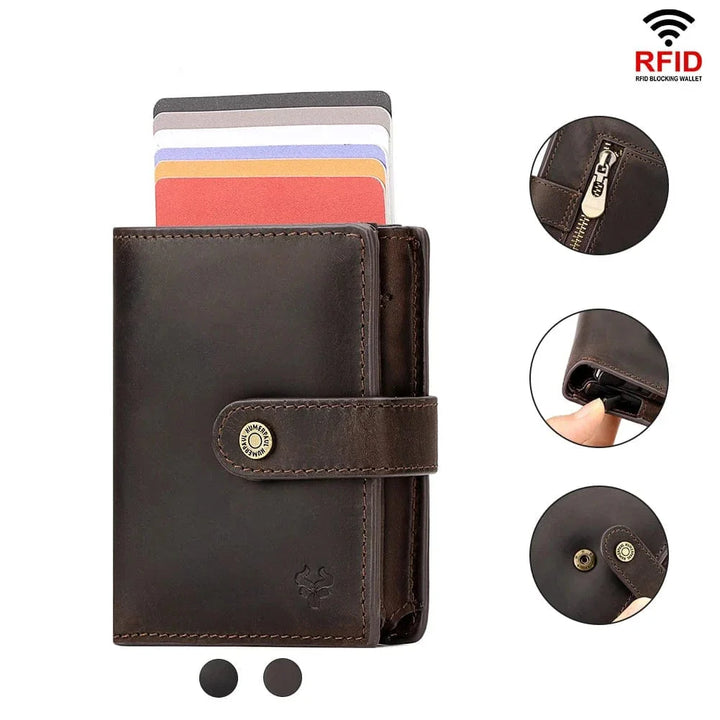 Portefeuille homme en cuir noir, élégant et compact, avec protection RFID intégrée pour la sécurité.