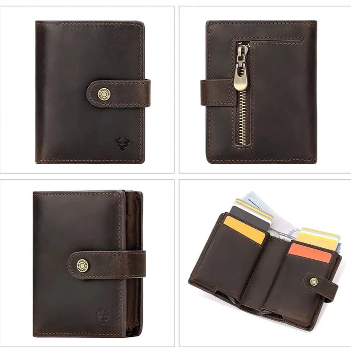 Portefeuille homme en cuir souple avec porte-monnaie intégré, offrant espace et sécurité anti-RFID.