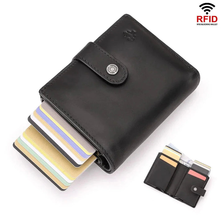 Ensemble portefeuille et porte-cartes en cuir noir, solution élégante et sécurisée pour hommes.
