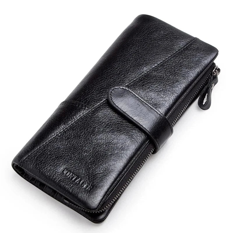 Portefeuille homme en cuir noir, élégant, trois volets, parfait pour organiser cartes et billets.