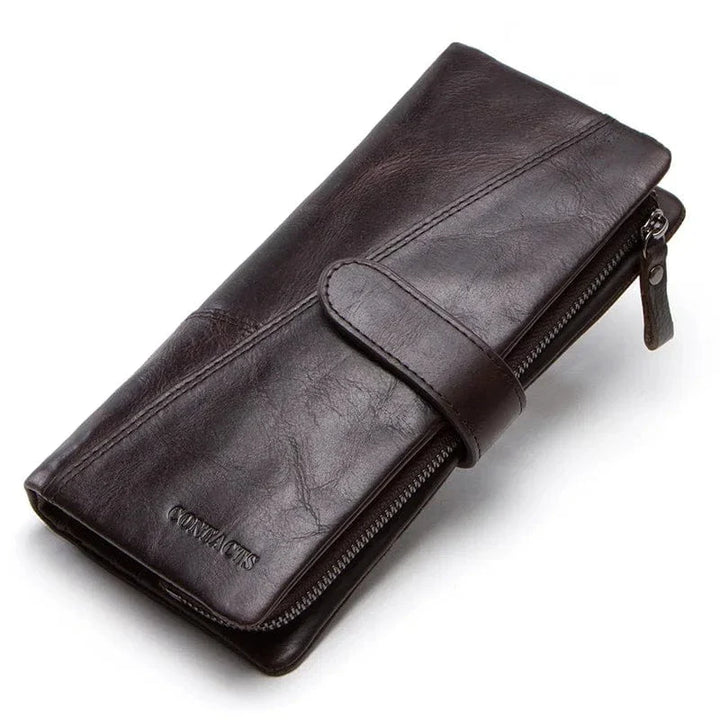 Portefeuille homme en cuir grainé, trois volets, couleur gris, alliant durabilité et esthétique moderne.