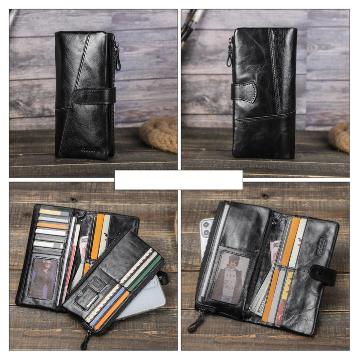 Portefeuille homme en cuir souple, trois volets, couleur cognac, idéal pour un style sophistiqué et organisé.