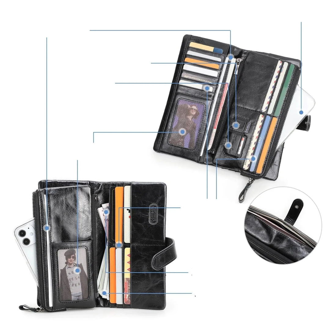 Rangement optimisé : portefeuille homme en cuir avec plusieurs compartiments pour billets et cartes, vue du dessus.