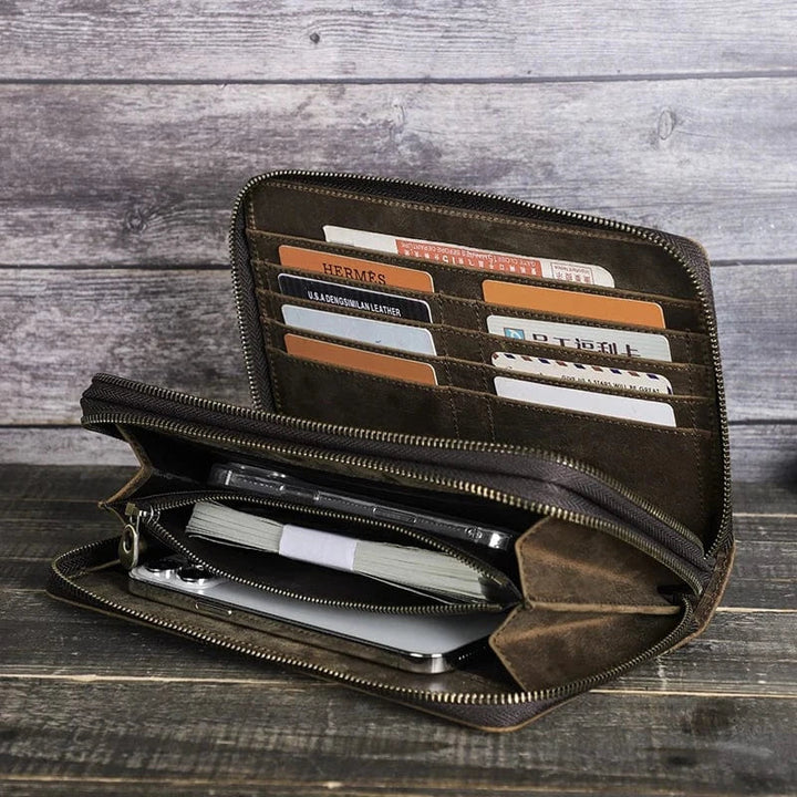 Élégant portefeuille organisateur pour homme en cuir véritable, ton café