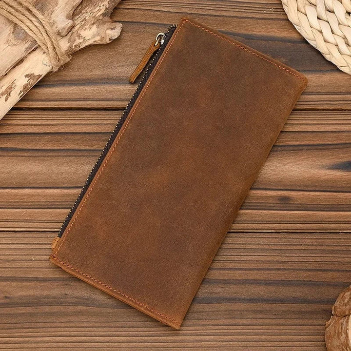 Portefeuille zippé en cuir de café, pour hommes, organisateur pratique et élégant, mode masculine intemporelle.