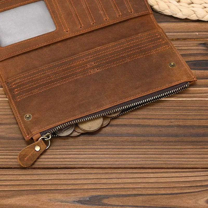 Portefeuille en cuir véritable pour hommes, couleur café, design zippé sécurisé, parfait pour l'organisation quotidienne.
