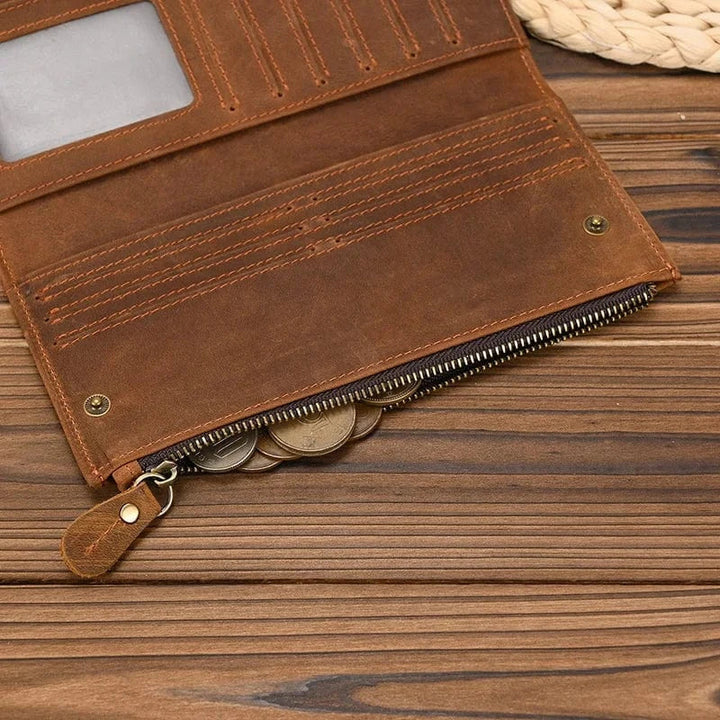 Portefeuille en cuir véritable pour hommes, couleur café, design zippé sécurisé, parfait pour l'organisation quotidienne.