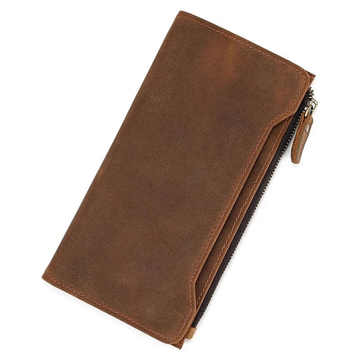 Accessoire de mode masculine: portefeuille zippé en cuir véritable couleur café, élégant et pratique pour hommes.