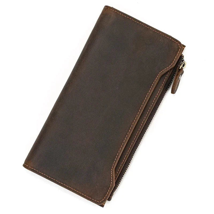Portefeuille pour hommes en cuir marron foncé, zippé, un organisateur compact et chic, idéal pour le quotidien.