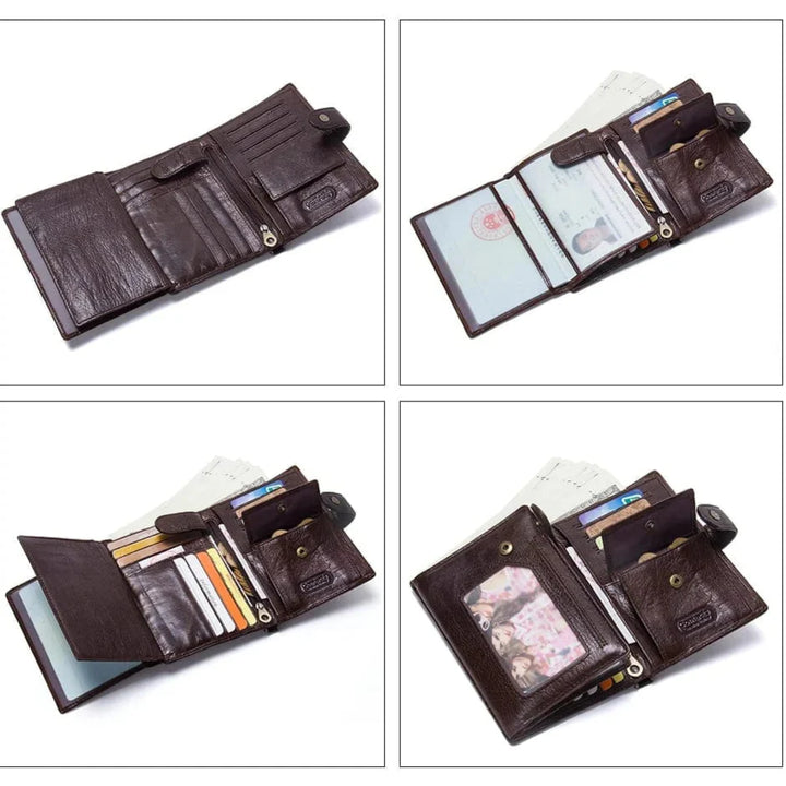 Portefeuille homme en cuir véritable, ouvert, montrant son espace de rangement et son loquet robuste