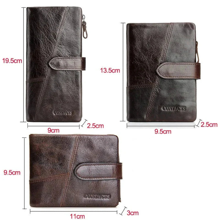 Portefeuille homme en cuir, marron foncé, plusieurs compartiments pour cartes, style élégant.