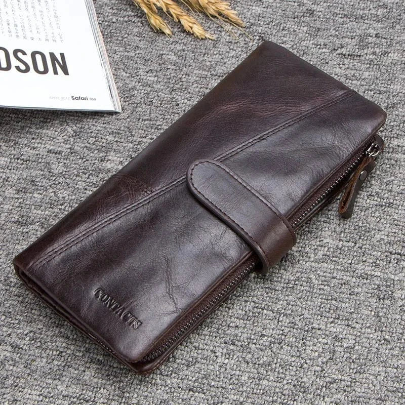 Pochette portefeuille homme en cuir véritable noir, compact et design intemporel.
