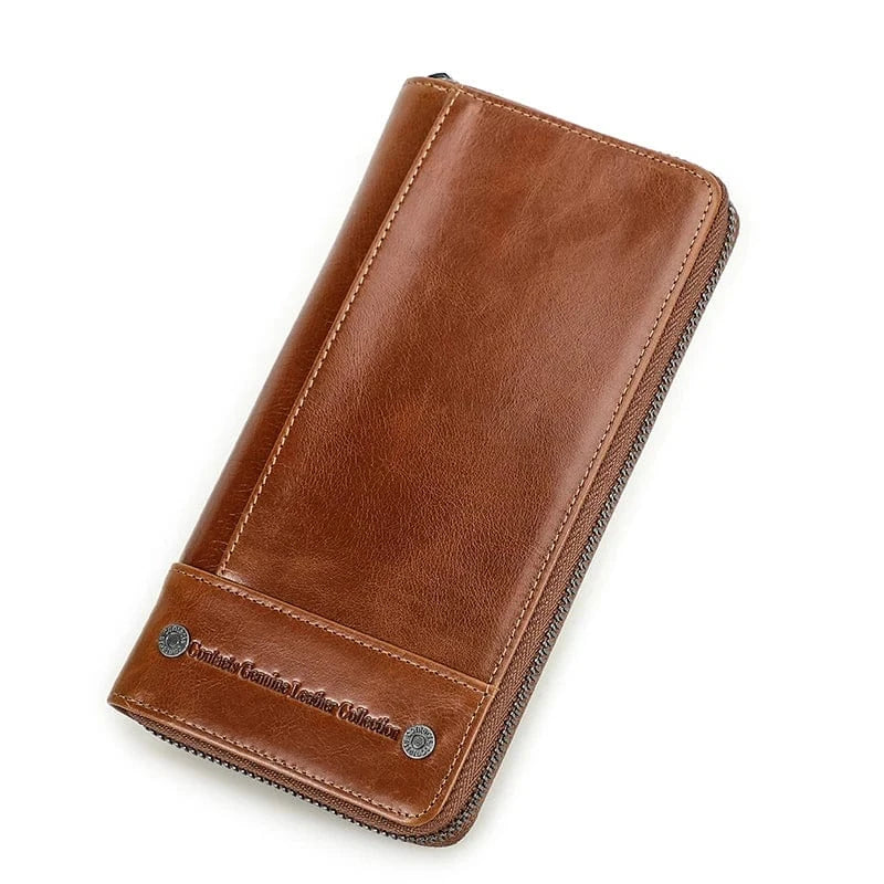Portefeuille homme long en cuir véritable bleu, avec protection RFID pour cartes