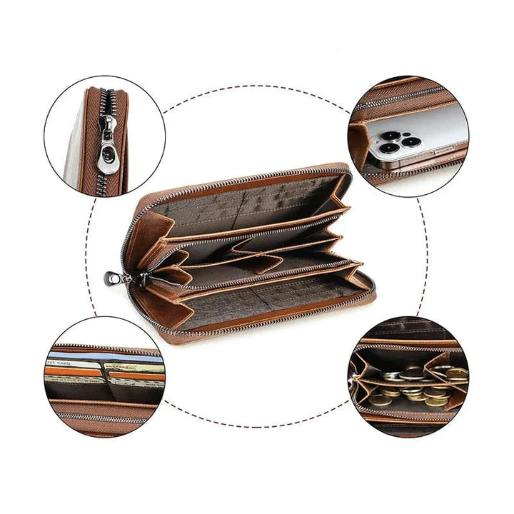 Portefeuille homme long en cuir véritable, idéal pour billets et nombreuses cartes
