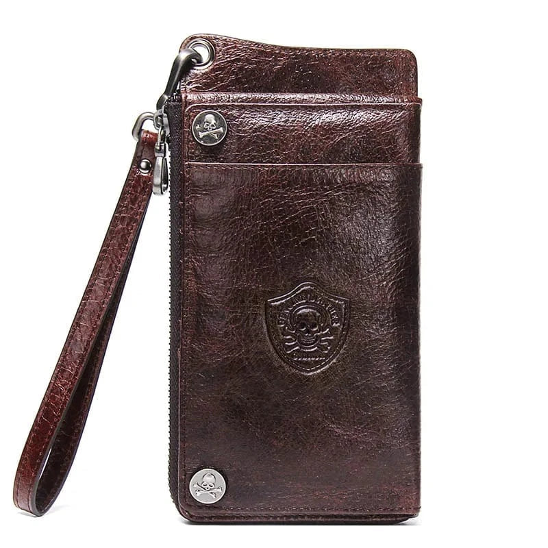 Portefeuille homme long en cuir véritable café, organisateur pratique pour cartes et billets.