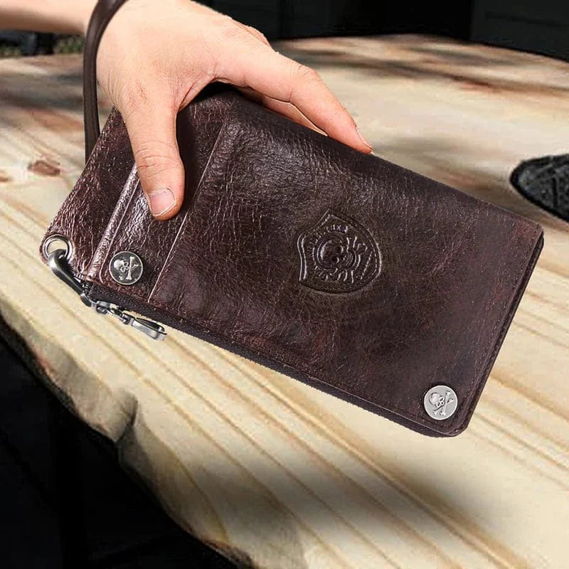 Portefeuille long pour homme en cuir véritable marron foncé, idéal pour un usage quotidien.