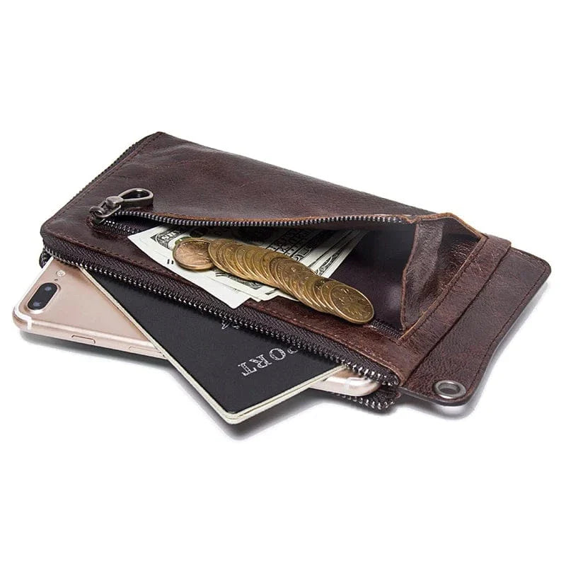 Portefeuille homme en cuir véritable, design long et fin, couleur café, parfait pour les hommes élégants.