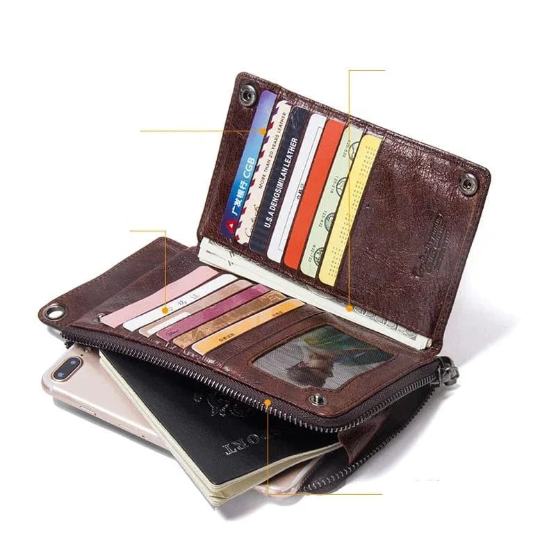Portefeuille long marron, cuir véritable, style classique pour homme, se glissant facilement dans une veste.