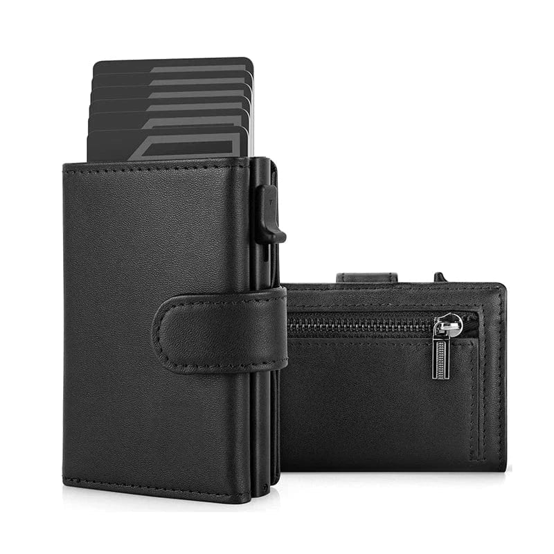 Portefeuille homme noir compact anti-RFID en cuir véritable avec étui métal pop-up