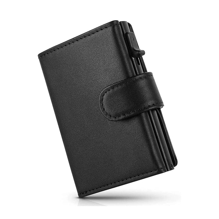 Porte-cartes pop-up en métal et cuir véritable noir pour homme, sécurisé anti-RFID