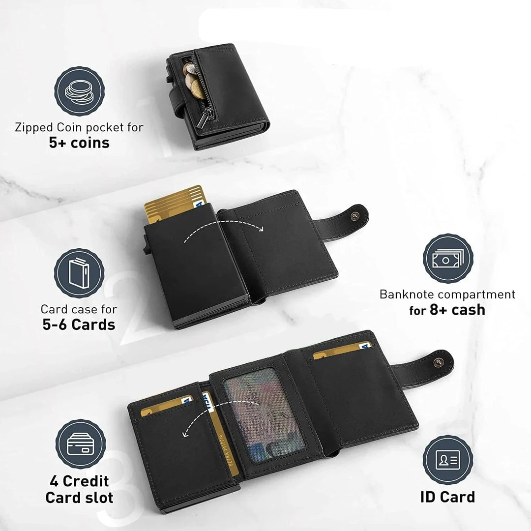 Accessoire homme: portefeuille compact noir anti-RFID avec porte-monnaie et étui métal