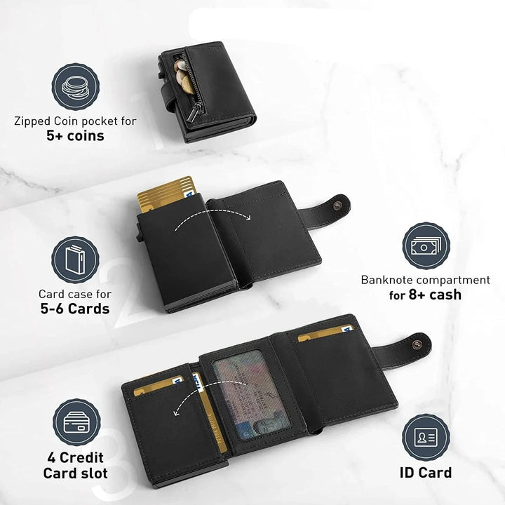 Accessoire homme: portefeuille compact noir anti-RFID avec porte-monnaie et étui métal