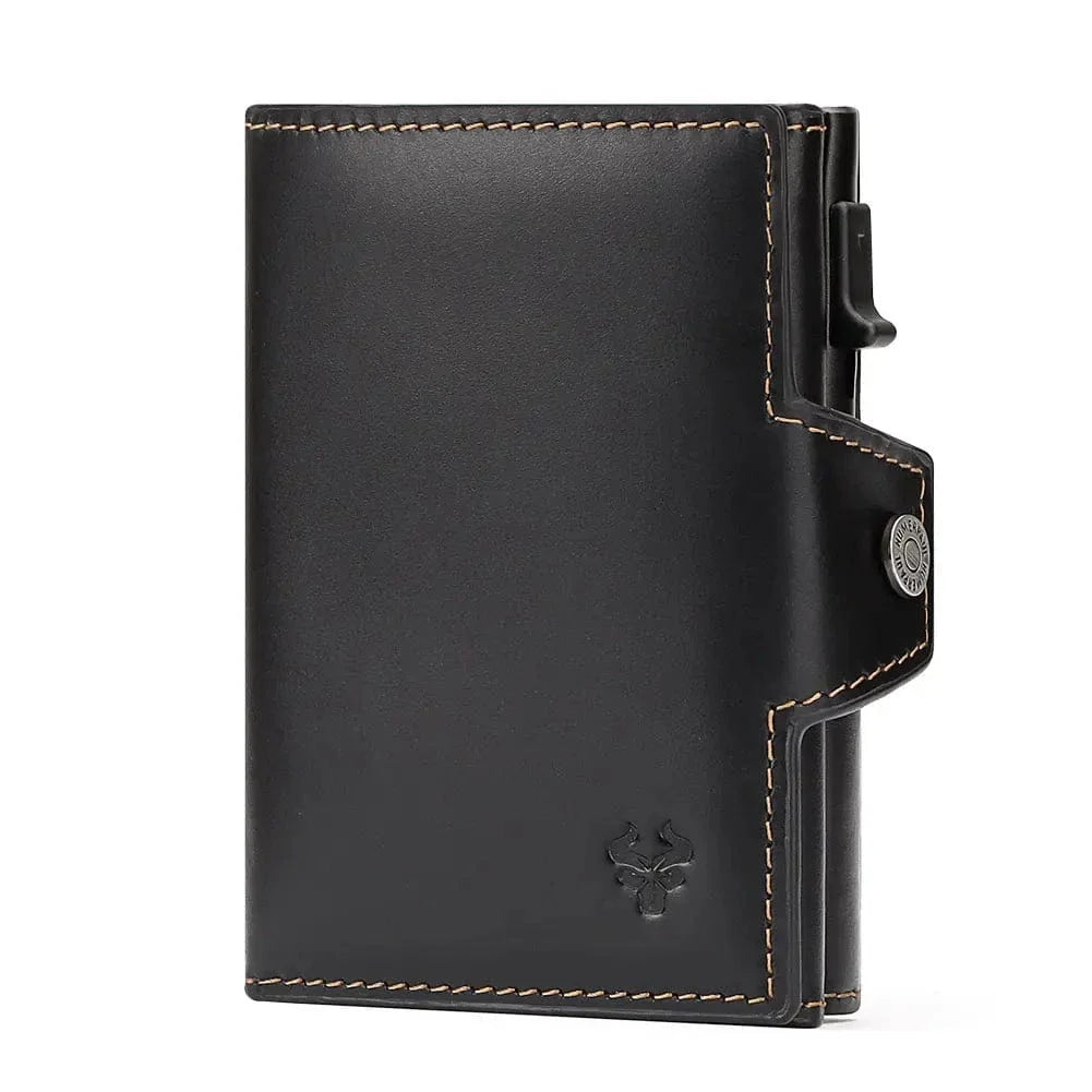 Portefeuille homme noir en cuir véritable anti-RFID, automatique, design ultra fin
