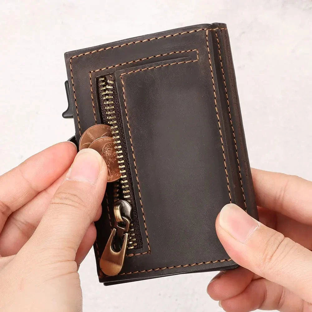 Accessoire homme en cuir véritable: portefeuille noir anti-RFID avec mécanisme automatique