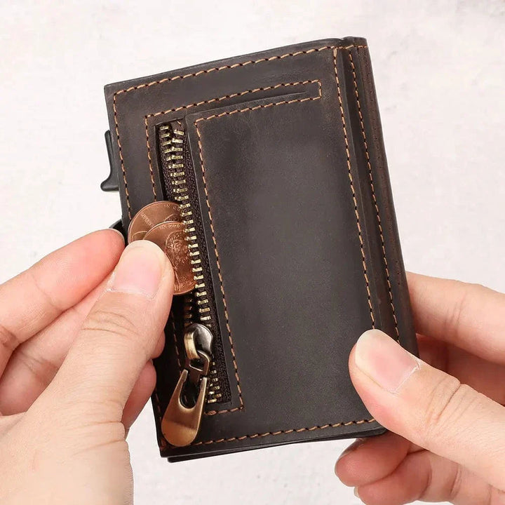 Accessoire homme en cuir véritable: portefeuille noir anti-RFID avec mécanisme automatique